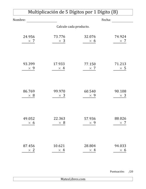 La hoja de ejercicios de Multiplicar Números de 5 Dígitos por 1 Dígito Usando Puntos como Separadores de Millares (B)
