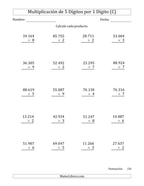 La hoja de ejercicios de Multiplicar Números de 5 Dígitos por 1 Dígito Usando Puntos como Separadores de Millares (C)