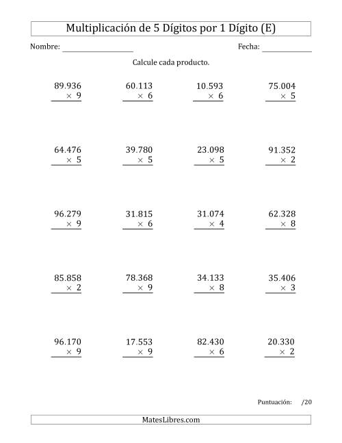La hoja de ejercicios de Multiplicar Números de 5 Dígitos por 1 Dígito Usando Puntos como Separadores de Millares (E)