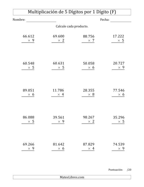 La hoja de ejercicios de Multiplicar Números de 5 Dígitos por 1 Dígito Usando Puntos como Separadores de Millares (F)