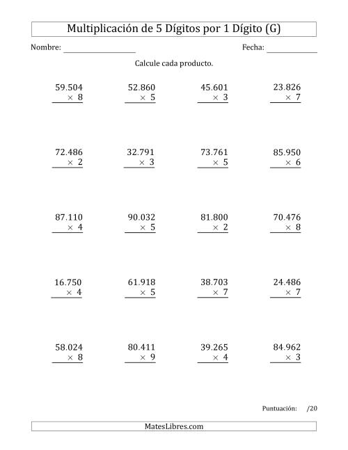 La hoja de ejercicios de Multiplicar Números de 5 Dígitos por 1 Dígito Usando Puntos como Separadores de Millares (G)