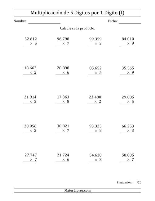 La hoja de ejercicios de Multiplicar Números de 5 Dígitos por 1 Dígito Usando Puntos como Separadores de Millares (I)