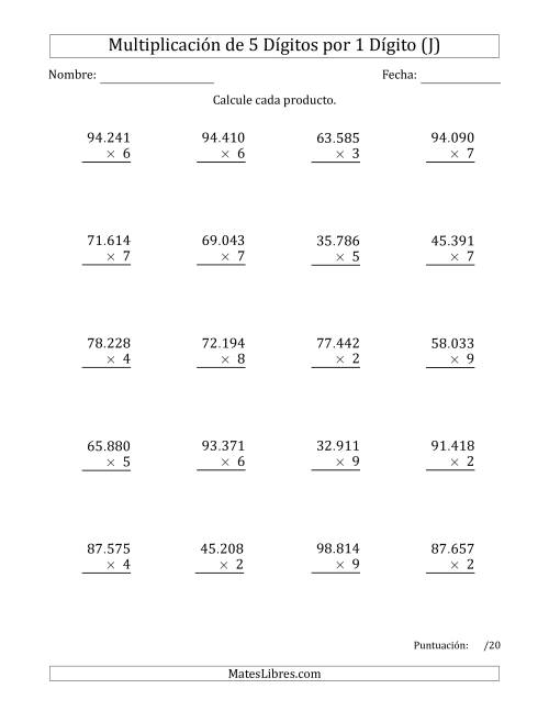 La hoja de ejercicios de Multiplicar Números de 5 Dígitos por 1 Dígito Usando Puntos como Separadores de Millares (J)