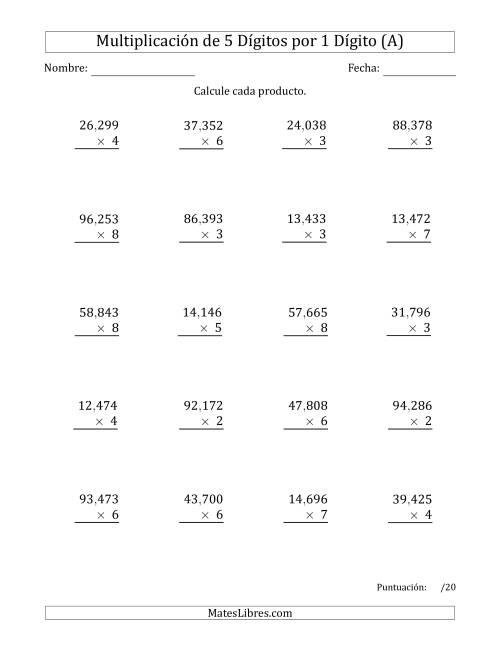 La hoja de ejercicios de Multiplicar Números de 5 Dígitos por 1 Dígito Usando Comas como Separadores de Millares (Todas)