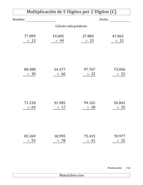 La hoja de ejercicios de Multiplicar Números de 5 Dígitos por 2 Dígitos Usando Comas como Separadores de Millares (C)