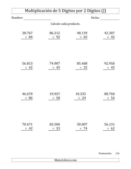La hoja de ejercicios de Multiplicar Números de 5 Dígitos por 2 Dígitos Usando Comas como Separadores de Millares (J)
