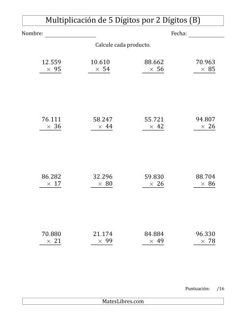 La hoja de ejercicios de Multiplicar Números de 5 Dígitos por 2 Dígitos Usando Puntos como Separadores de Millares (B)
