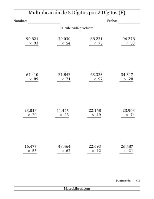 La hoja de ejercicios de Multiplicar Números de 5 Dígitos por 2 Dígitos Usando Puntos como Separadores de Millares (E)