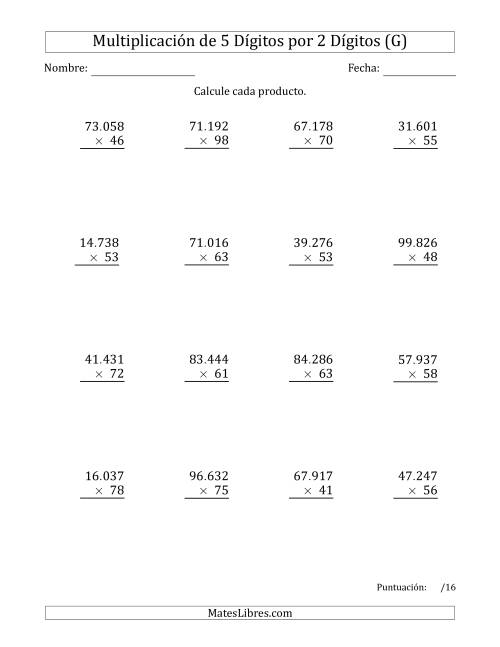 La hoja de ejercicios de Multiplicar Números de 5 Dígitos por 2 Dígitos Usando Puntos como Separadores de Millares (G)