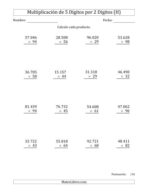 La hoja de ejercicios de Multiplicar Números de 5 Dígitos por 2 Dígitos Usando Puntos como Separadores de Millares (H)