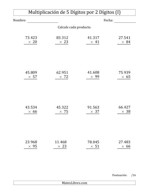 La hoja de ejercicios de Multiplicar Números de 5 Dígitos por 2 Dígitos Usando Puntos como Separadores de Millares (I)