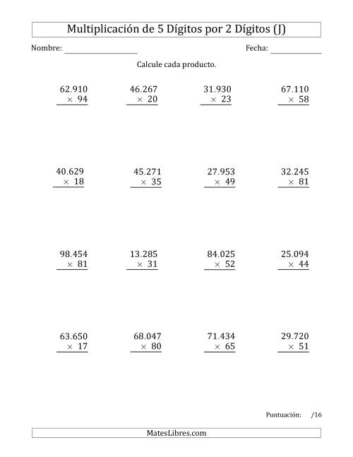 La hoja de ejercicios de Multiplicar Números de 5 Dígitos por 2 Dígitos Usando Puntos como Separadores de Millares (J)
