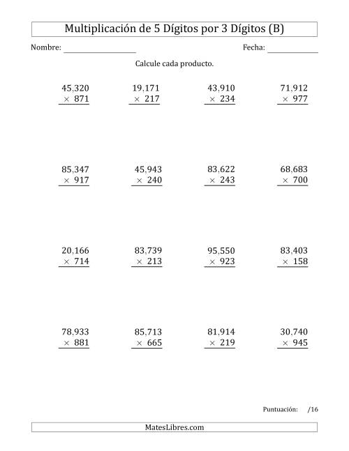 La hoja de ejercicios de Multiplicar Números de 5 Dígitos por 3 Dígitos Usando Comas como Separadores de Millares (B)