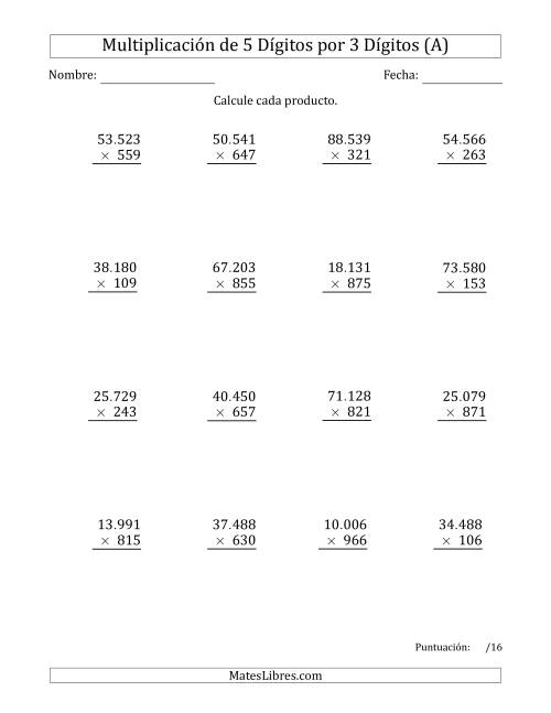 La hoja de ejercicios de Multiplicar Números de 5 Dígitos por 3 Dígitos Usando Puntos como Separadores de Millares (A)