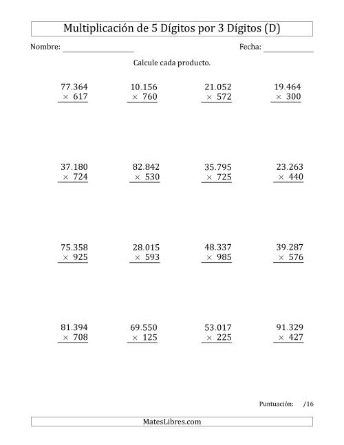 La hoja de ejercicios de Multiplicar Números de 5 Dígitos por 3 Dígitos Usando Puntos como Separadores de Millares (D)