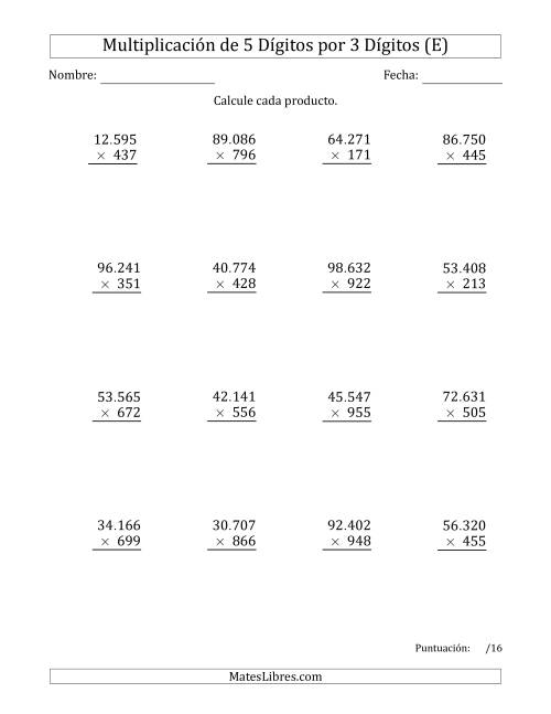 La hoja de ejercicios de Multiplicar Números de 5 Dígitos por 3 Dígitos Usando Puntos como Separadores de Millares (E)