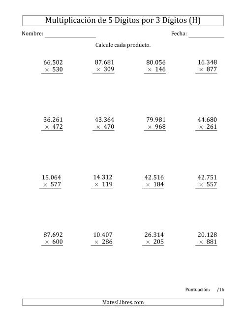 La hoja de ejercicios de Multiplicar Números de 5 Dígitos por 3 Dígitos Usando Puntos como Separadores de Millares (H)