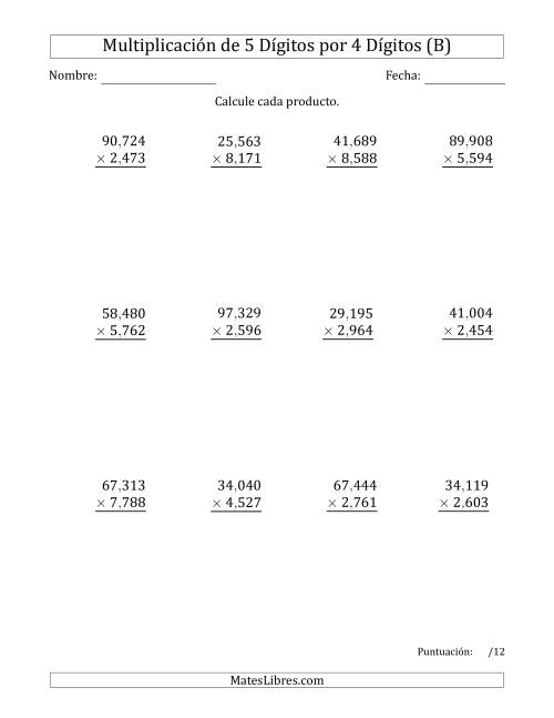 La hoja de ejercicios de Multiplicar Números de 5 Dígitos por 4 Dígitos Usando Comas como Separadores de Millares (B)