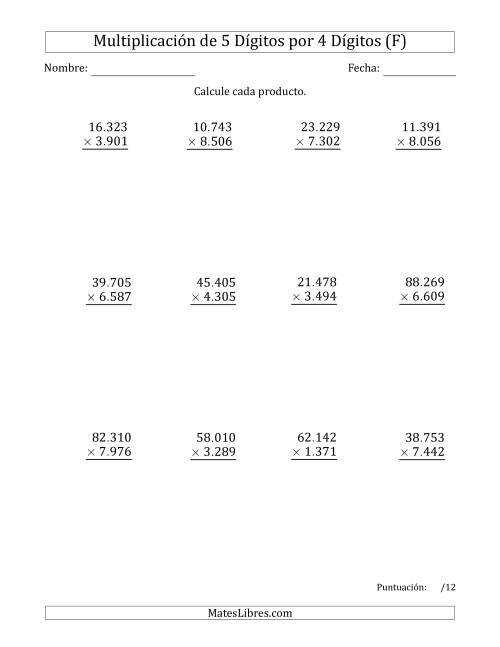 La hoja de ejercicios de Multiplicar Números de 5 Dígitos por 4 Dígitos Usando Puntos como Separadores de Millares (F)