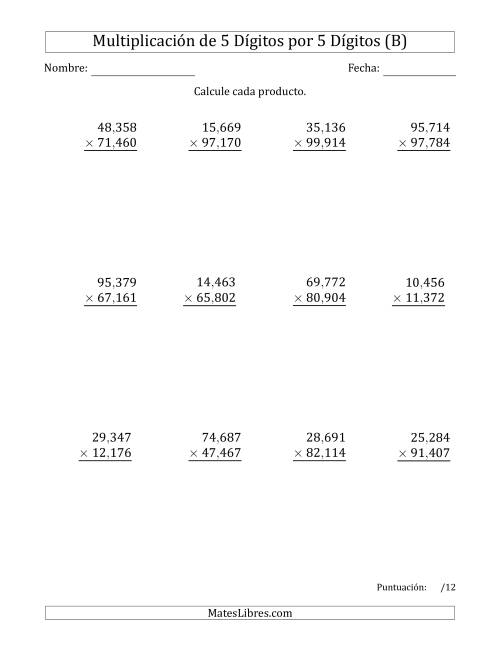 La hoja de ejercicios de Multiplicar Números de 5 Dígitos por 5 Dígitos Usando Comas como Separadores de Millares (B)