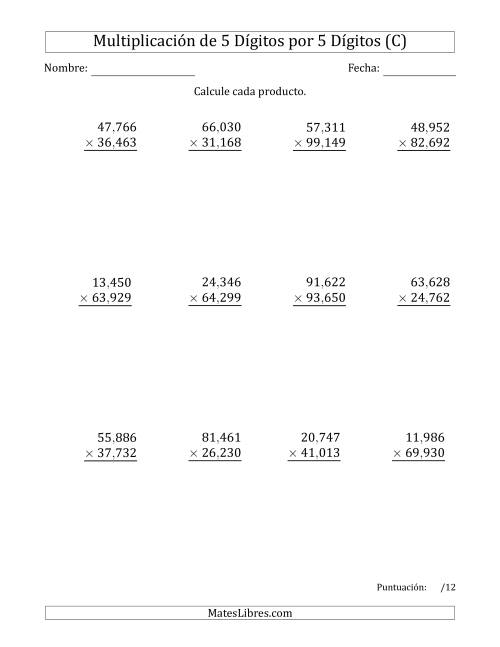 La hoja de ejercicios de Multiplicar Números de 5 Dígitos por 5 Dígitos Usando Comas como Separadores de Millares (C)