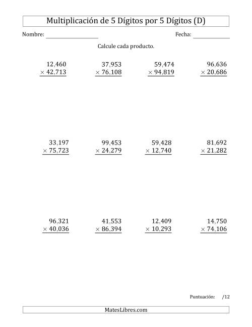 La hoja de ejercicios de Multiplicar Números de 5 Dígitos por 5 Dígitos Usando Comas como Separadores de Millares (D)