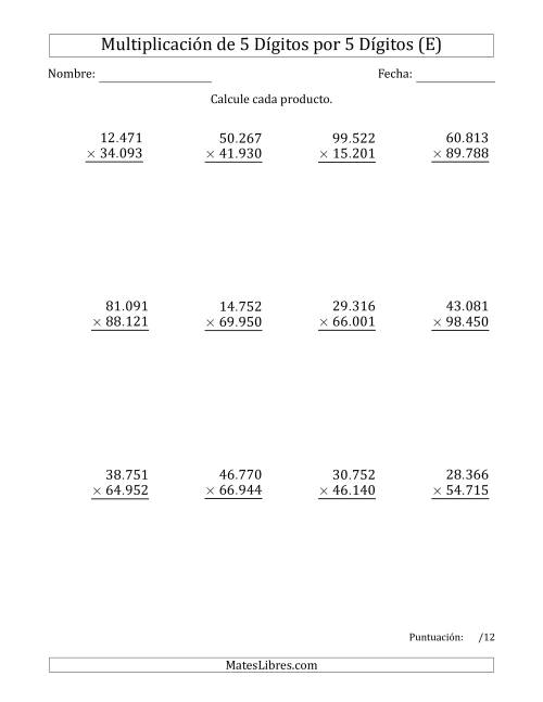 La hoja de ejercicios de Multiplicar Números de 5 Dígitos por 5 Dígitos Usando Puntos como Separadores de Millares (E)