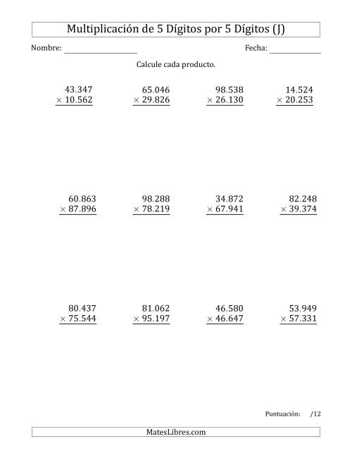 La hoja de ejercicios de Multiplicar Números de 5 Dígitos por 5 Dígitos Usando Puntos como Separadores de Millares (J)