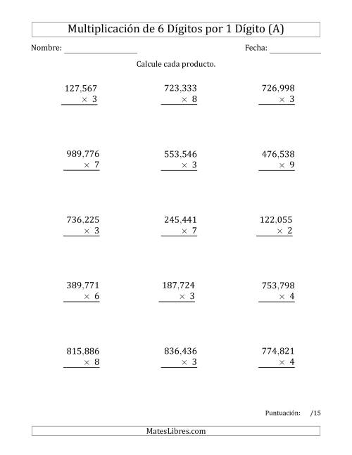La hoja de ejercicios de Multiplicar Números de 6 Dígitos por 1 Dígito Usando Comas como Separadores de Millares (A)