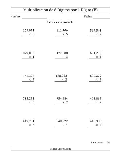 La hoja de ejercicios de Multiplicar Números de 6 Dígitos por 1 Dígito Usando Comas como Separadores de Millares (B)