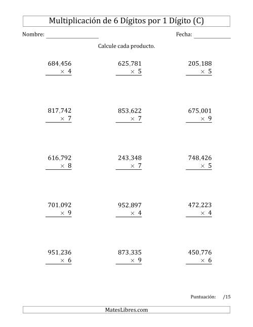 La hoja de ejercicios de Multiplicar Números de 6 Dígitos por 1 Dígito Usando Comas como Separadores de Millares (C)