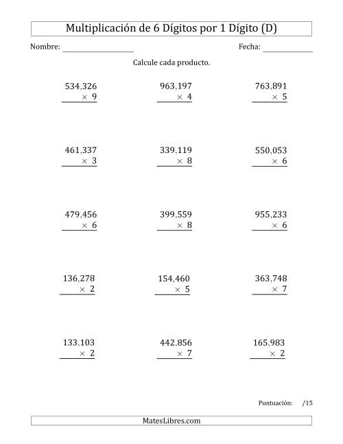 La hoja de ejercicios de Multiplicar Números de 6 Dígitos por 1 Dígito Usando Comas como Separadores de Millares (D)