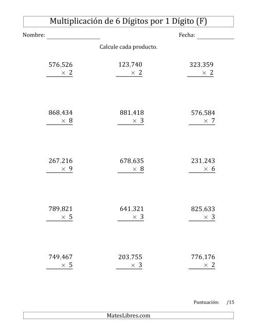 La hoja de ejercicios de Multiplicar Números de 6 Dígitos por 1 Dígito Usando Comas como Separadores de Millares (F)