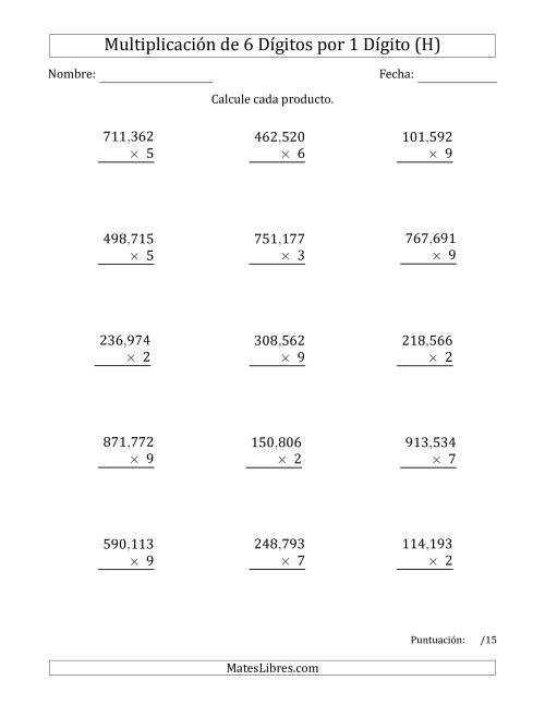 La hoja de ejercicios de Multiplicar Números de 6 Dígitos por 1 Dígito Usando Comas como Separadores de Millares (H)
