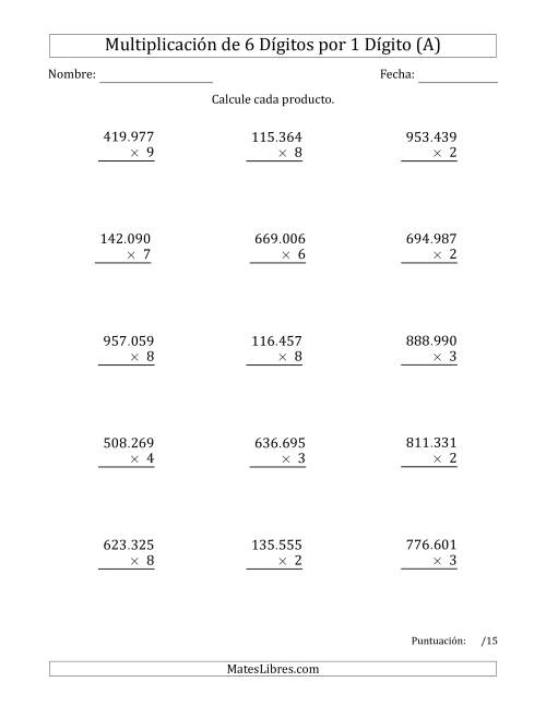 La hoja de ejercicios de Multiplicar Números de 6 Dígitos por 1 Dígito Usando Puntos como Separadores de Millares (A)