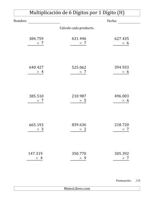 La hoja de ejercicios de Multiplicar Números de 6 Dígitos por 1 Dígito Usando Puntos como Separadores de Millares (H)