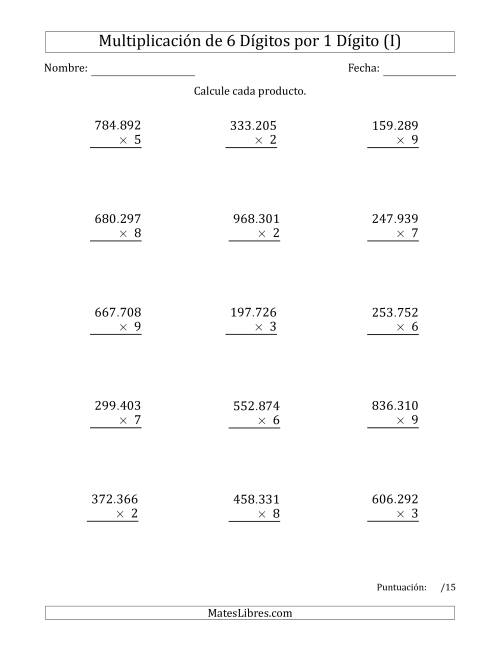 La hoja de ejercicios de Multiplicar Números de 6 Dígitos por 1 Dígito Usando Puntos como Separadores de Millares (I)