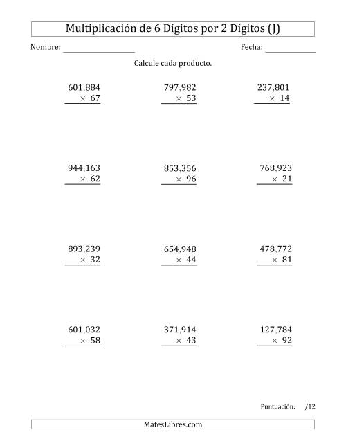 La hoja de ejercicios de Multiplicar Números de 6 Dígitos por 2 Dígitos Usando Comas como Separadores de Millares (J)