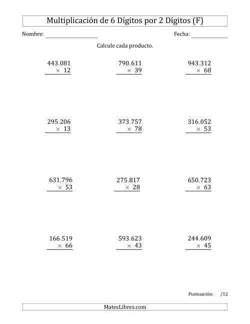 La hoja de ejercicios de Multiplicar Números de 6 Dígitos por 2 Dígitos Usando Puntos como Separadores de Millares (F)