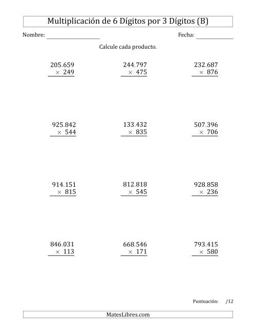 La hoja de ejercicios de Multiplicar Números de 6 Dígitos por 3 Dígitos Usando Puntos como Separadores de Millares (B)