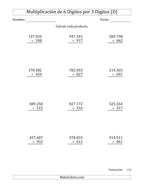 La hoja de ejercicios de Multiplicar Números de 6 Dígitos por 3 Dígitos Usando Puntos como Separadores de Millares (D)