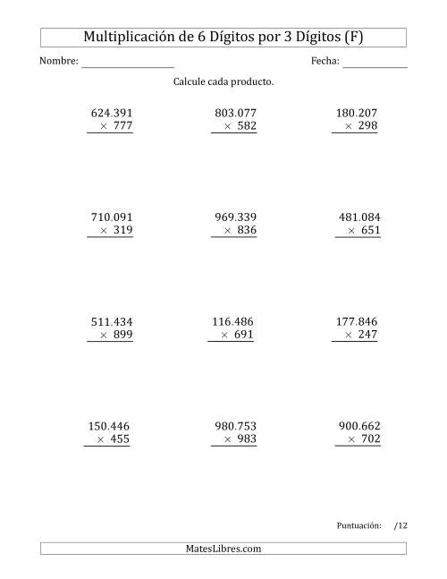 La hoja de ejercicios de Multiplicar Números de 6 Dígitos por 3 Dígitos Usando Puntos como Separadores de Millares (F)