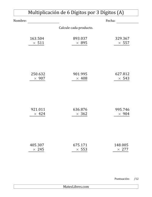 La hoja de ejercicios de Multiplicar Números de 6 Dígitos por 3 Dígitos Usando Puntos como Separadores de Millares (Todas)
