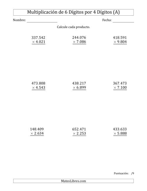 La hoja de ejercicios de Multiplicar Números de 6 Dígitos por 4 Dígitos Usando Puntos como Separadores de Millares (A)