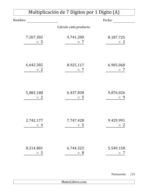 La hoja de ejercicios de Multiplicar Números de 7 Dígitos por 1 Dígito Usando Comas como Separadores de Millares (A)