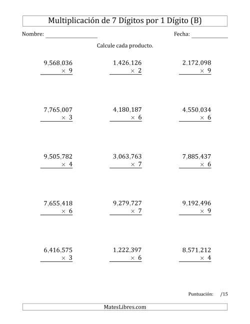 La hoja de ejercicios de Multiplicar Números de 7 Dígitos por 1 Dígito Usando Comas como Separadores de Millares (B)