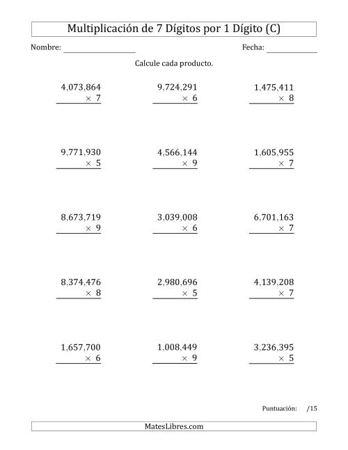 La hoja de ejercicios de Multiplicar Números de 7 Dígitos por 1 Dígito Usando Comas como Separadores de Millares (C)