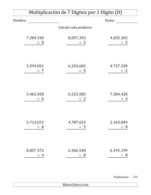 La hoja de ejercicios de Multiplicar Números de 7 Dígitos por 1 Dígito Usando Comas como Separadores de Millares (D)