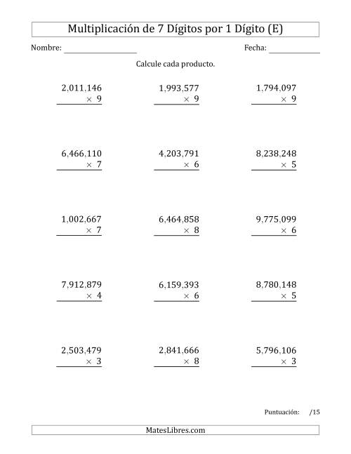 La hoja de ejercicios de Multiplicar Números de 7 Dígitos por 1 Dígito Usando Comas como Separadores de Millares (E)
