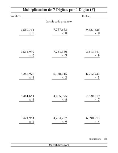 La hoja de ejercicios de Multiplicar Números de 7 Dígitos por 1 Dígito Usando Comas como Separadores de Millares (F)